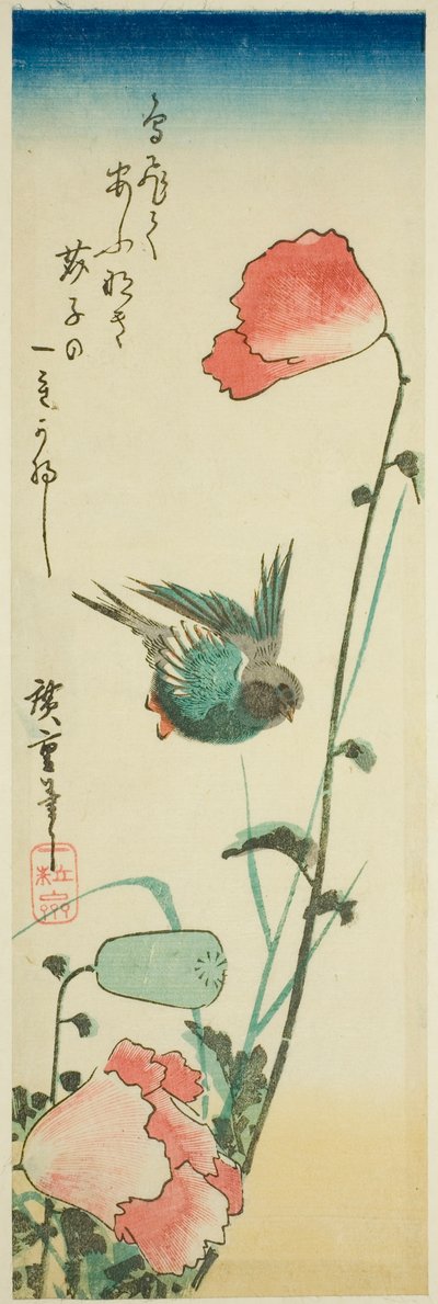 Zwaluw en klaprozen door Utagawa Hiroshige