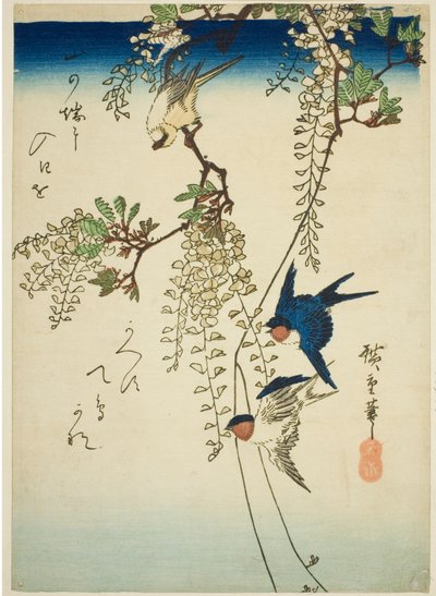 Zwaluw, gele vogel en blauwe regen door Utagawa Hiroshige
