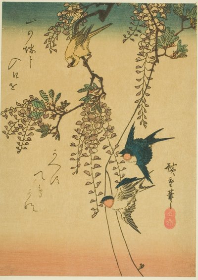 Zwaluw, gele vogel en blauwe regen door Utagawa Hiroshige