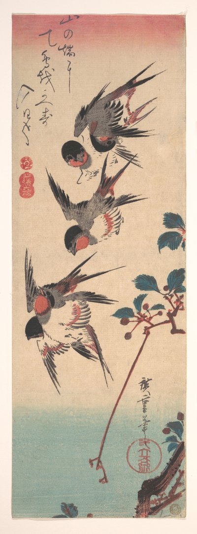 Schwalben und Wildkirsche door Utagawa Hiroshige