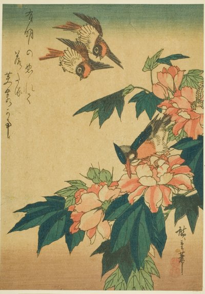 Zwaluwen, ijsvogel en hibiscus door Utagawa Hiroshige