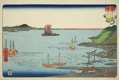 Tanokuchi in de provincie Bizen, uit de serie "Worstelwedstrijden tussen bergen en zeeën" door Utagawa Hiroshige