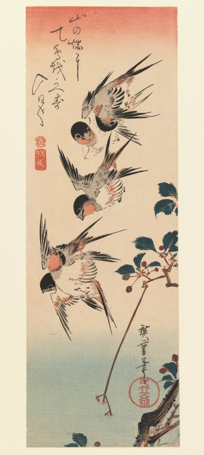 Tanzaku, Vier zwaluwen, 1832 door Utagawa Hiroshige