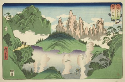 Tateyama in de provincie Etchu (Etchu Tateyama), uit de serie "Worstelwedstrijden tussen Bergen en Zeeën (Sankai mitate zumo)" door Utagawa Hiroshige