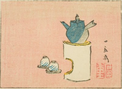 Theepot en kopjes, sectie van een blad uit een serie ongetitelde harimaze-prenten door Utagawa Hiroshige