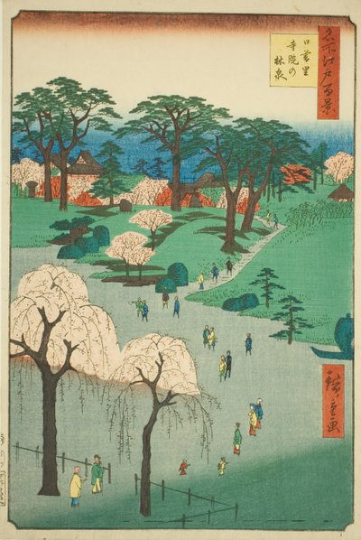 Tempeltuinen in Nippori (Nippori jiin no rinsen), uit de serie "Honderd Beroemde Zichten van Edo (Meisho Edo hyakkei)" door Utagawa Hiroshige