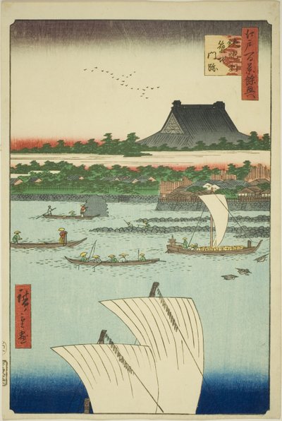 Teppozu en Tsukiji Honganji Tempel (Teppozu Tsukiji Monzeki), uit de serie "Supplement op de Honderd Beroemde Zichten van Edo (Edo hyakkei yokyo)" door Utagawa Hiroshige