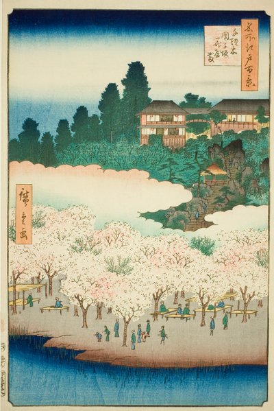 Het bloemenpaviljoen op de helling van de Dango, Sendagi (Sendagi Dangozaka Hanayashiki), nr.16 uit de serie "Honderd beroemde vergezichten van Edo (Meisho Edo hyakkei)". door Utagawa Hiroshige