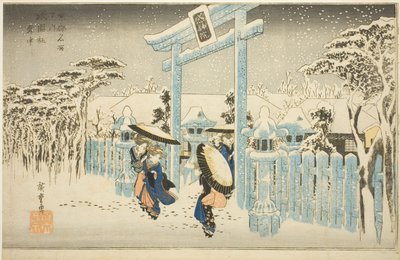 De Gion-tempel in de sneeuw (Gionsha setchu), uit de serie "Beroemde plaatsen in Kyoto (Kyoto meisho no uchi)" door Utagawa Hiroshige