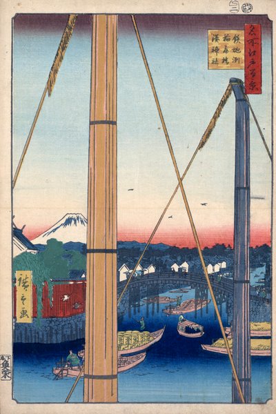 Het havenheiligdom en de Inari-brug bij Teppozu, Honderd beroemde uitzichten van Edo, 1856-1858 door Utagawa Hiroshige