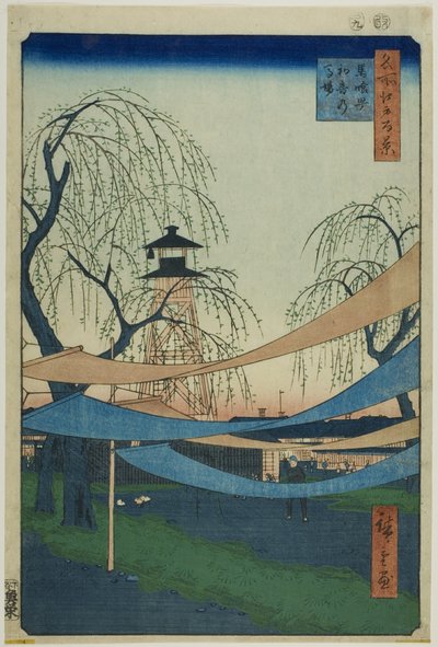 Het Hatsune ruiterterrein in Bakuro-cho (Bakuro-cho Hatsune no Baba), uit de serie "Honderd beroemde vergezichten van Edo (Meisho Edo hyakkei)". door Utagawa Hiroshige