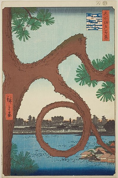 De pijnboom van de maan op het tempelterrein van Ueno (Ueno sannai Tsuki no matsu), uit de serie "Honderd beroemde vergezichten van Edo (Meisho Edo hyakkei)". door Utagawa Hiroshige