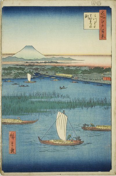 De Vertrekdiepte van de Drie-tandige Rivier (Mitsumata Wakarenofuchi), uit de serie "Honderd Beroemde Uitzichten van Edo (Meisho Edo hyakkei)" door Utagawa Hiroshige