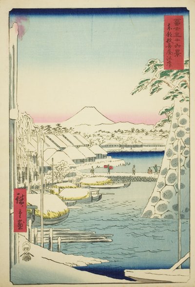 De rivieroever bij Sukiya in de oostelijke hoofdstad (Toto Sukiyagashi), uit de serie "Zesendertig gezichten op de berg Fuji (Fuji sanjurokkei)" door Utagawa Hiroshige