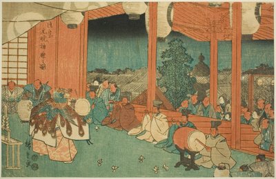De Heilige Dans bij de Shinmei-schrijn in Shiba bij Dageraad (Shiba Shinmei, Omiya gengyo kagura no zu), uit de serie "Beroemde Plaatsen in de Oostelijke Hoofdstad (Toto meisho)" door Utagawa Hiroshige