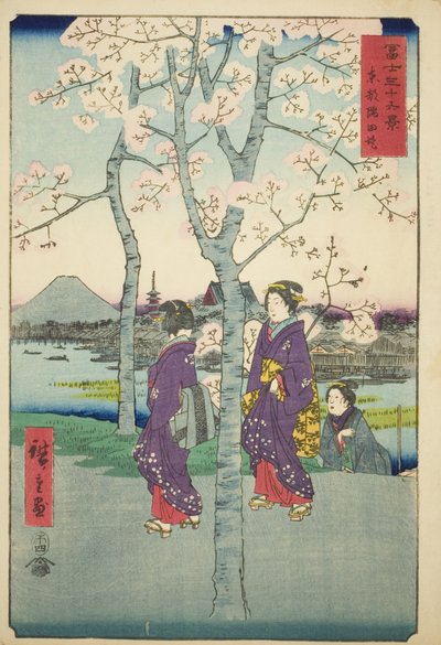 De Sumida-dijk in de oostelijke hoofdstad (Toto Sumida-zutsumi), uit de serie "Zesendertig gezichten op de berg Fuji (Fuji sanjurokkei)" door Utagawa Hiroshige