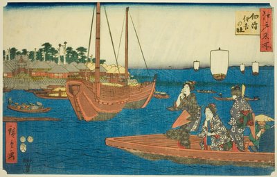 Het Sumiyoshi-heiligdom op Tsukuda-eiland (Tsukuda Sumiyoshi no yashiro), uit de serie "Beroemde Plaatsen in Edo (Edo meisho)" door Utagawa Hiroshige