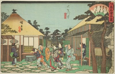 Het Tagawaya Restaurant voor Daionji (Daionji mae, Tagawaya), uit de serie "Beroemde Restaurants van Edo (Edo komei kaitei zukushi)" door Utagawa Hiroshige