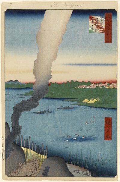 Tegelovens en Hashiba Veerboot, Sumida Rivier, Nr.37 uit Honderd Beroemde Zichten van Edo, 1857 door Utagawa Hiroshige
