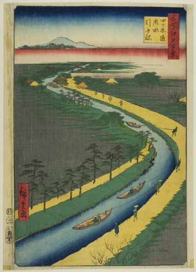 Sleepboten langs het Yotsugidori kanaal (Yotsugidori yosui hikifune), uit de serie "Honderd beroemde gezichten van Edo (Meisho Edo hyakkei)". door Utagawa Hiroshige