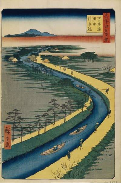 Sleepboten op het Yotsugi dori Kanaal Honderd Beroemde Zichten van Edo door Utagawa Hiroshige