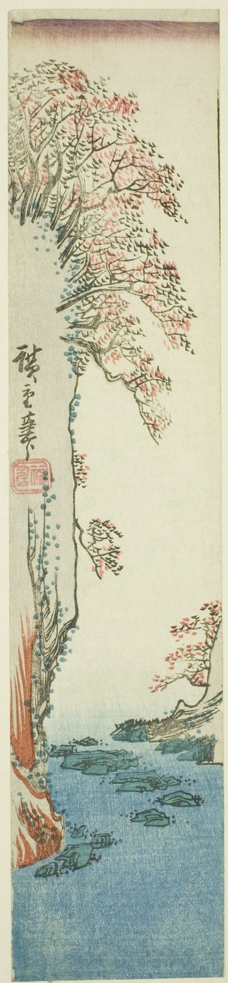 Bomen op een klif boven een rivier door Utagawa Hiroshige