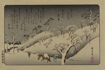 Schemering sneeuw op Asuka Hill. Uit de serie Acht uitzichten in de omgeving van Edo door Utagawa Hiroshige