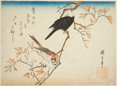 Twee vogels op een esdoorn tak door Utagawa Hiroshige