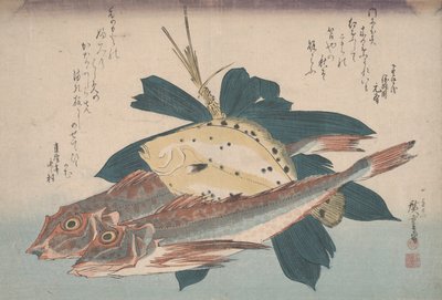 Twee poonvissen en een bot door Utagawa Hiroshige