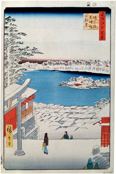Uitzicht vanaf de top van de helling bij het Tenjin-heiligdom in Yushima door Utagawa Hiroshige