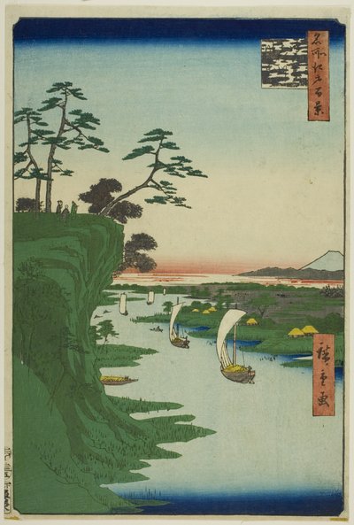 Gezicht op Konodai en de rivier de Toon (Konodai Tonegawa fukei), uit de serie "Honderd beroemde gezichten op Edo (Meisho Edo hyakkei)". door Utagawa Hiroshige