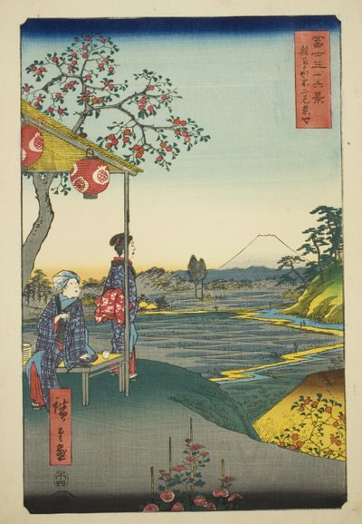 Uitzicht op de berg Fuji vanuit een theehuis in Zoshigaya (Zoshigaya Fujimi chaya), uit de serie "Zesendertig gezichten op de berg Fuji (Fuji sanjurokkei)" door Utagawa Hiroshige