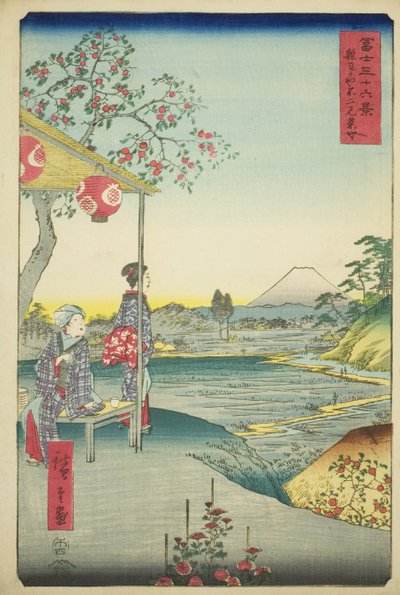 Uitzicht op de Berg Fuji vanuit een Theehuis in Zoshigaya (Zoshigaya Fujimi chaya), uit de serie "Zesendertig Zichten op de Berg Fuji (Fuji sanjurokkei)" door Utagawa Hiroshige