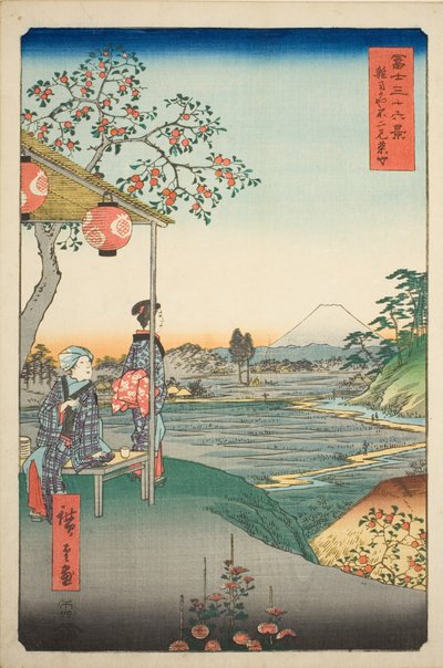 Uitzicht op de berg Fuji vanuit een theehuis in Zoshigaya (Zoshigaya Fujimi chaya), uit de serie "Zesendertig gezichten op de berg Fuji (Fuji sanjurokkei)" door Utagawa Hiroshige