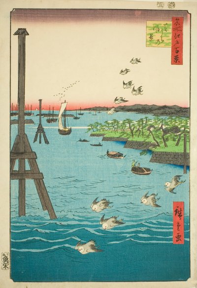 Uitzicht op Shiba Bay (Shibaura no fukei), uit de serie "Honderd beroemde uitzichten van Edo (Meisho Edo hyakkei)" door Utagawa Hiroshige