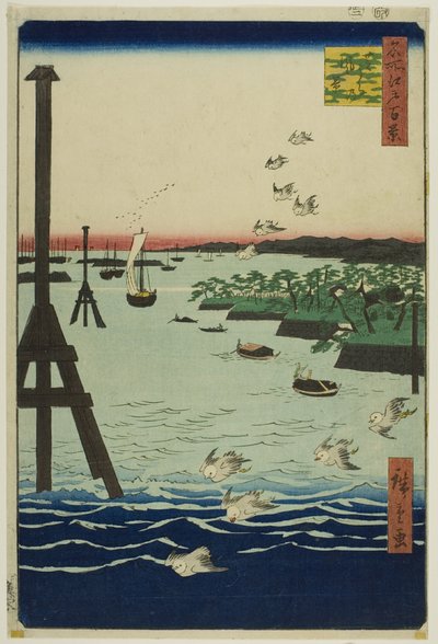 Gezicht op de baai van Shiba (Shibaura no fukei), uit de serie "Honderd beroemde gezichten op Edo (Meisho Edo hyakkei)". door Utagawa Hiroshige