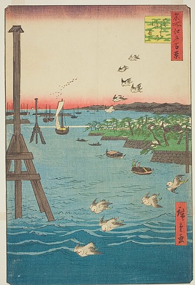 Gezicht op de kust van Shiba (Shibaura no kei), met lichtblauwe watertinten, nr. 108 uit de serie Honderd beroemde gezichten op Edo (Meisho Edo hyakkei) door Utagawa Hiroshige