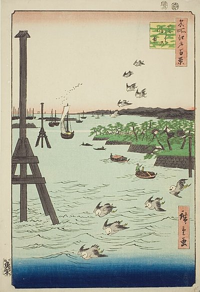 Gezicht op de kust van Shiba (Shibaura no kei), met zeer licht en donkerblauw water, nr. 108 uit de serie Honderd beroemde gezichten op Edo (Meisho Edo hyakkei) door Utagawa Hiroshige