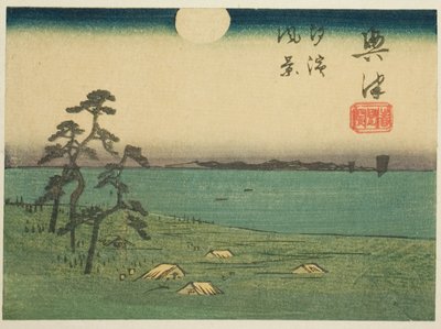 Zicht op Shiohama en Kiyomigaseki in Okitsu, deel van blad nr. 4 uit de serie "Uitgeknipte Afbeeldingen van de Tokaido Weg" door Utagawa Hiroshige