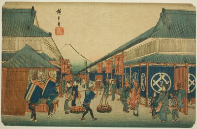 Uitzicht op Surugacho (Surugacho no zu), uit de serie "Beroemde plaatsen in de oostelijke hoofdstad (Toto meisho)" door Utagawa Hiroshige