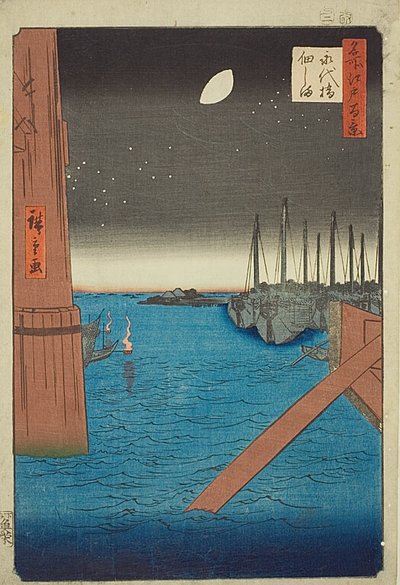 Gezicht op het eiland Tsukuda vanaf de Eitaibrug (Eitaibashi Tsukudajima), nr.4 uit de serie "Honderd beroemde gezichten op Edo (Meisho Edo hyakkei)". door Utagawa Hiroshige