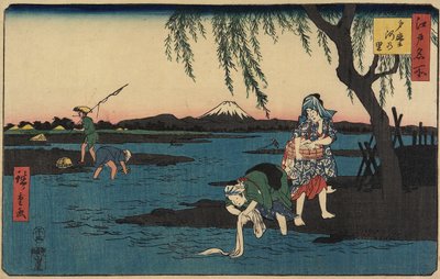 Dorp bij de Tamagawa-rivier, maart 1858 door Utagawa Hiroshige