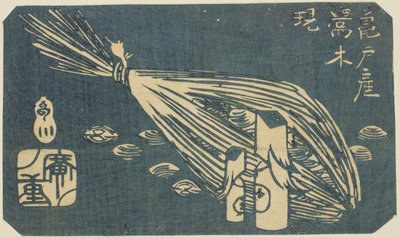 Warbler Houtsnijwerk en Kokkels van Kameido, sectie van een blad uit de serie "Uitknipsels van Beroemde Plaatsen in Edo" door Utagawa Hiroshige