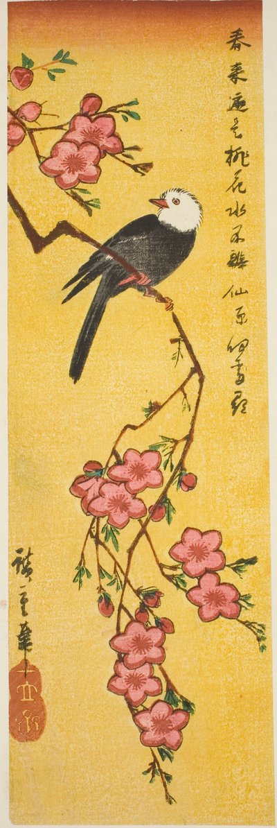 Witkopvogel op perziktak door Utagawa Hiroshige