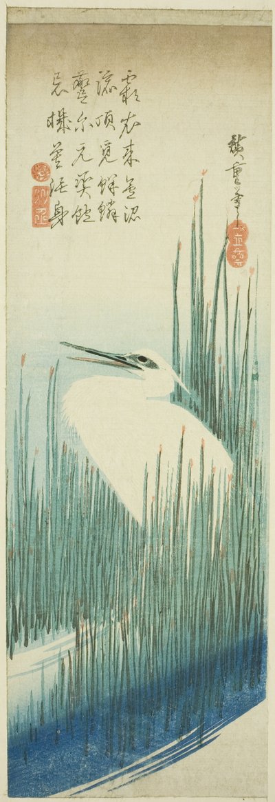Witte reiger en borstels door Utagawa Hiroshige