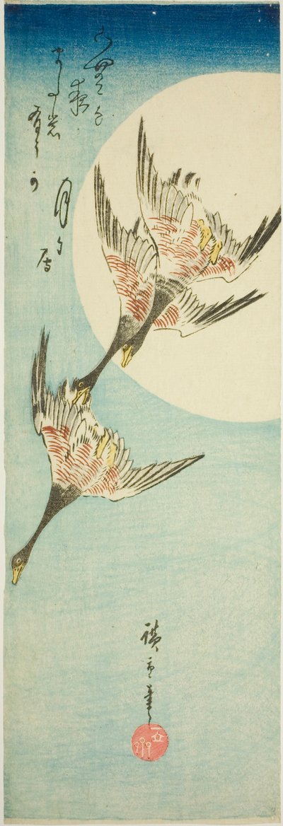 Wilde Ganzen Vliegen Over Volle Maan door Utagawa Hiroshige