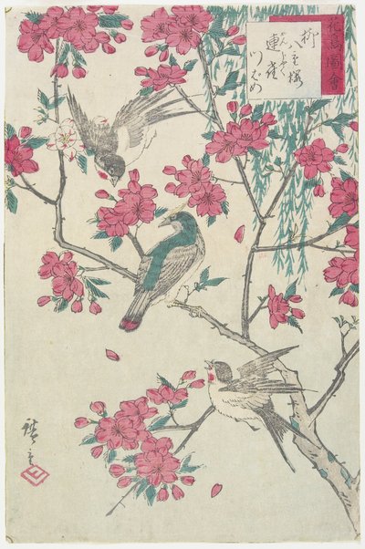 Wilg, kersenbloesems, mussen en zwaluw door Utagawa Hiroshige