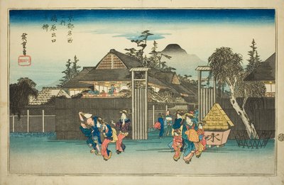 Wilgenboom bij de poort van de Shimabara Pleasure Quarter, uit de serie "Beroemde plaatsen in Kyoto" door Utagawa Hiroshige
