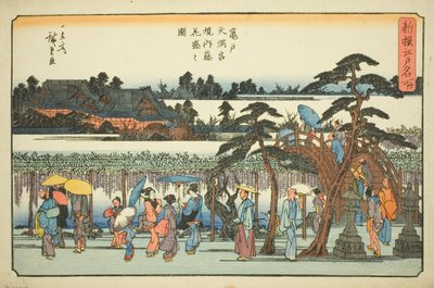 Wisteria in Volle Bloei in de Omgeving van het Kameido Tenmangu Heiligdom (Kameido Tenmangu keidai fuji hanazakari no zu), uit de serie "Nieuw Geselecteerde Beroemde Plaatsen in Edo (Shinsen Edo meisho)" door Utagawa Hiroshige