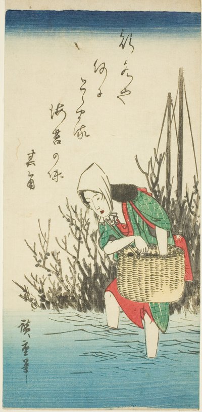 Vrouw die zeewier verzamelt door Utagawa Hiroshige